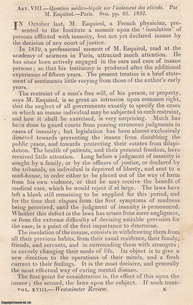 Item #360358 Esquirol on the treatment of the Insane. An original essay from The Westminster Review, 1833. No author is known. Published by Westminster Review 1833. Westminster Review.