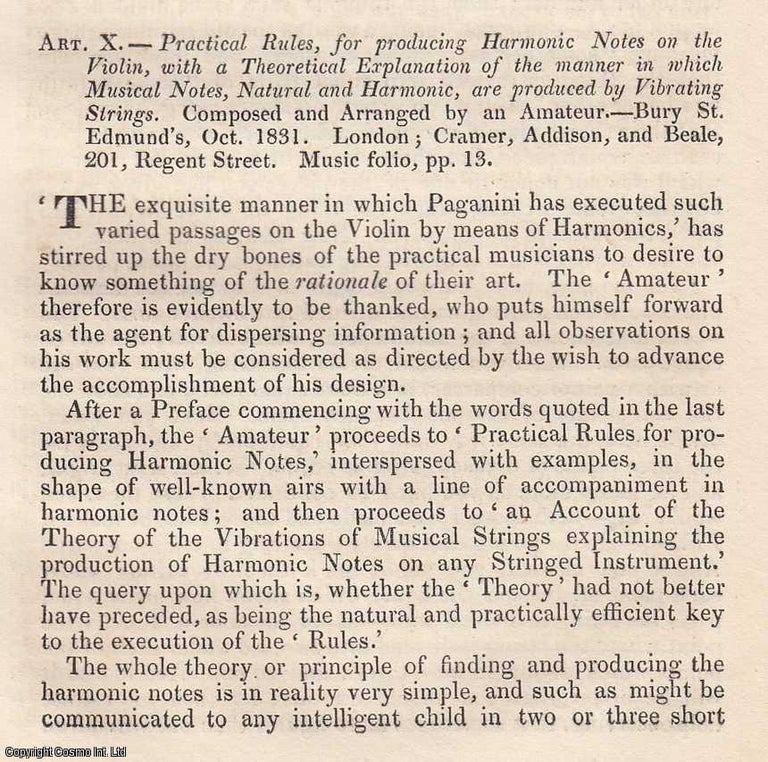 Item #360359 Practical Rules, for producing Harmonic Notes on the Violin. An original essay from The Westminster Review, 1833. T P. Thompson.