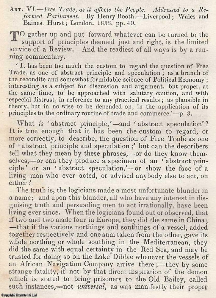 Item #360366 Henry Booth's Free Trade, as It Affects the People. An original essay from The Westminster Review, 1833. T P. Thompson.