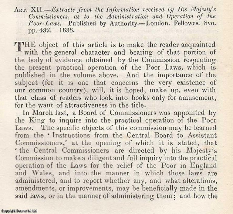 Item #360369 Results of the Poor Law Commission. An original essay from The Westminster Review, 1833. No author is given for this article. Published by Westminster Review 1833. Westminster Review.