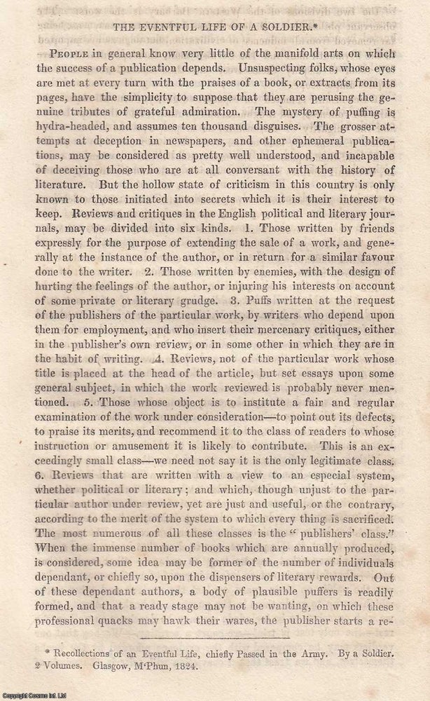 Item #360375 The Eventful Life of a Soldier. An original essay from The London Magazine, 1825. No author is given for this article. London Magazine.