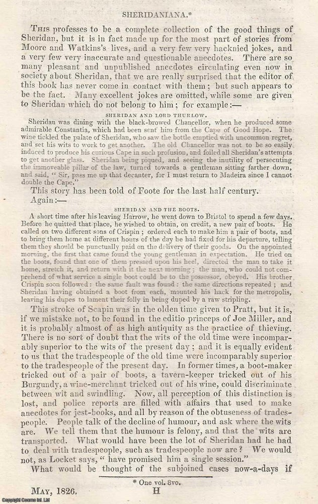 Item #360382 Sheridaniana. An original essay from The London Magazine, 1826. No author is given for this article. London Magazine.
