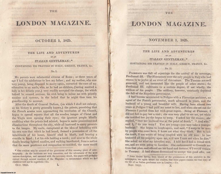 Item #360393 The Life and Adventures of an Italian Gentleman; containg his Travels in Italy, Greece, France, etc, Parts 1 & 2. An original essay from The London Magazine, 1825. No author is given for this article. London Magazine.