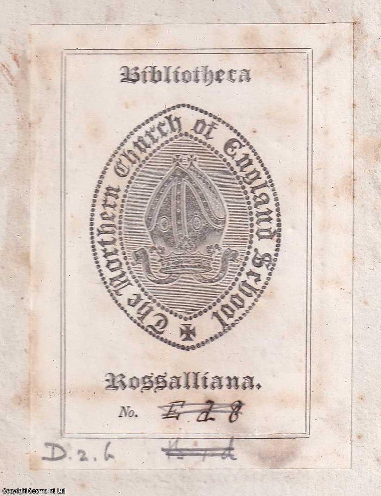 Item #360405 Bookplate : Bibliotheca Rossalliana. Northern Church of England School. Undated, but from the design likely 1840s-1850s. NORTHERN CHURCH OF ENGLAND SCHOOL.