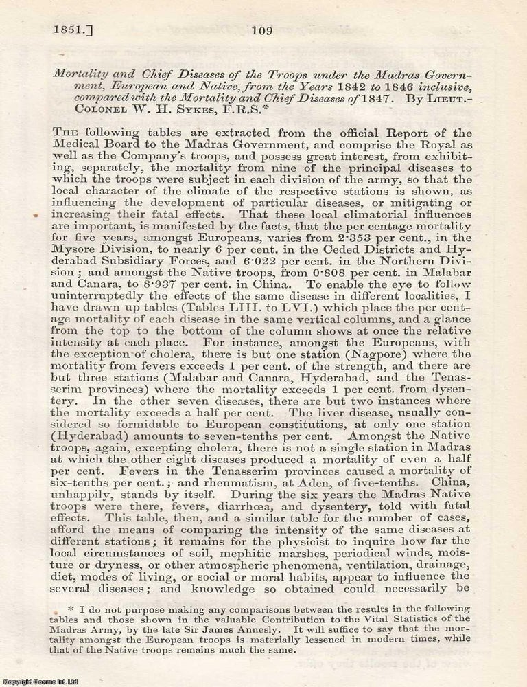 Item #360497 Mortality and Chief Diseases of the Troops under the Madras Government, European and...
