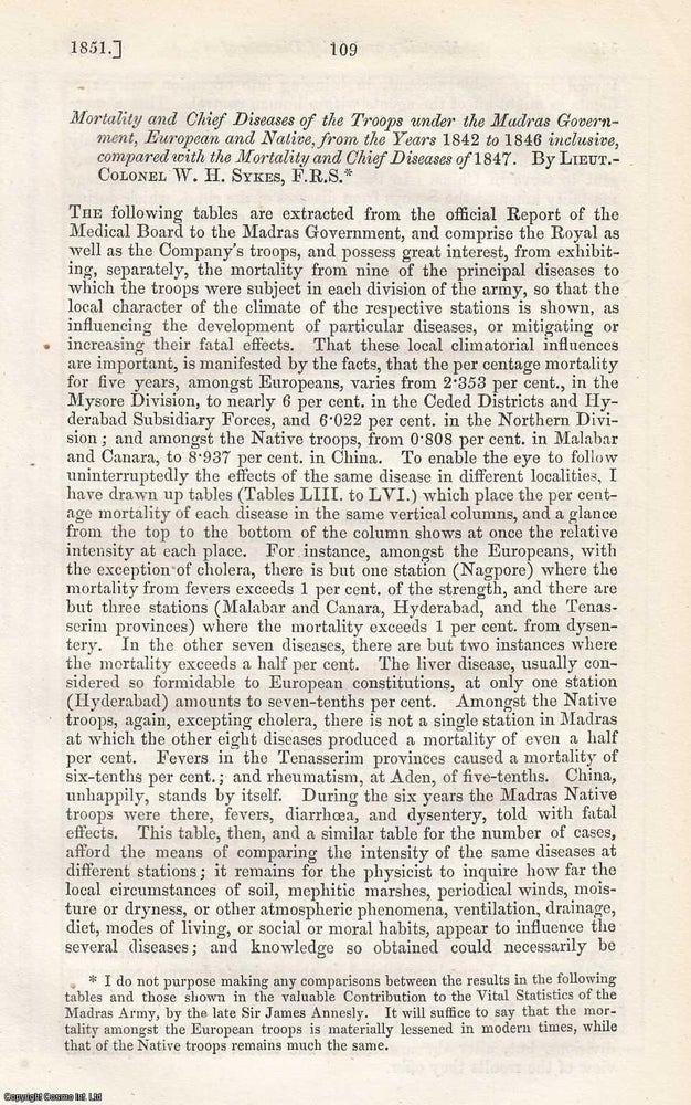 Item #360497 Mortality and Chief Diseases of the Troops under the Madras Government, European and...