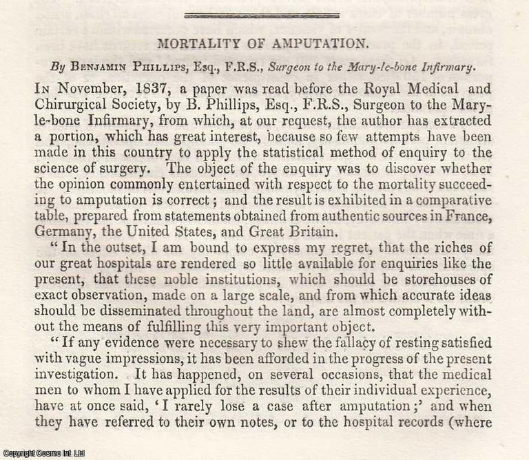 Item #360536 Mortality of Amputation. A rare original article from the Journal of the Royal...