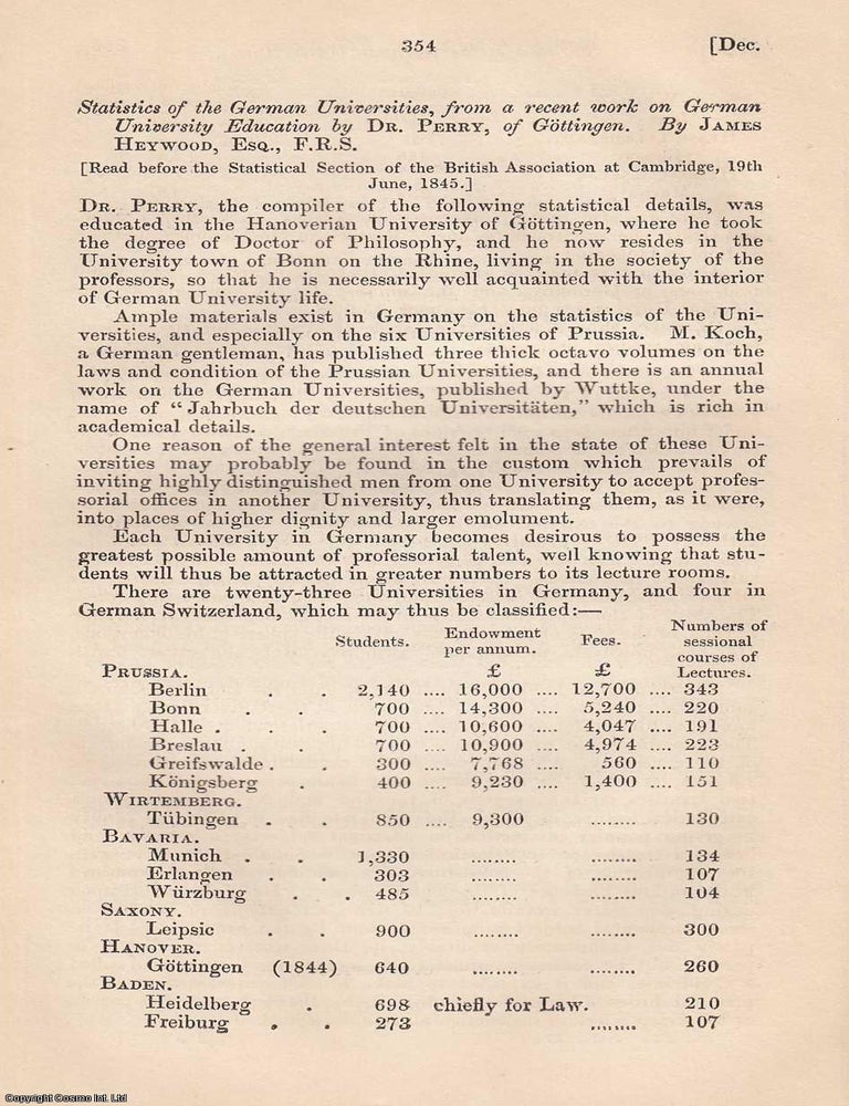 Item #360552 Statistics of the German Universities, from recent work on German University...