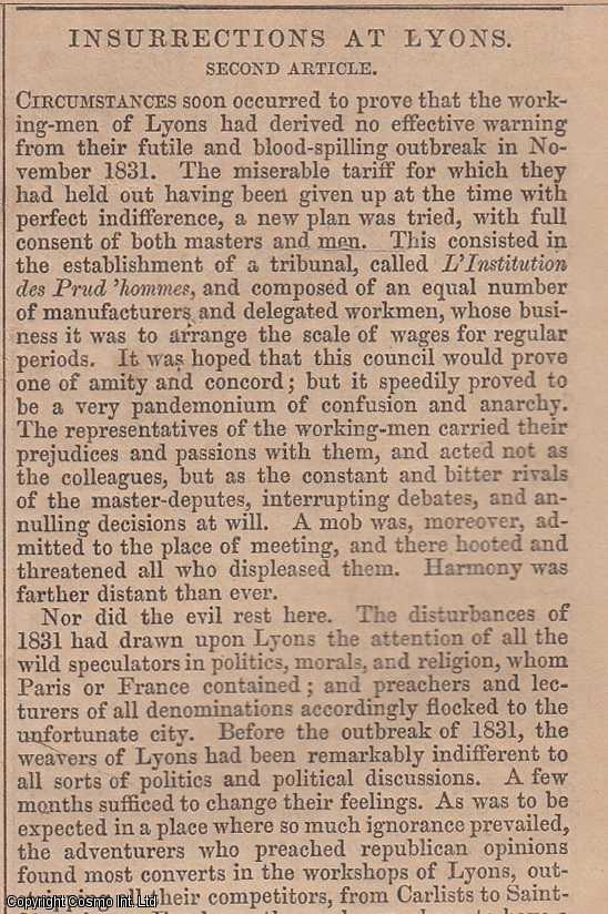 Item #360554 1843. Insurrections at Lyons, silk-weavers' riots. First & Second article. FEATURED in Chambers' Edinburgh Journal. Articles, extracted from an issue of the Chambers' Edinburgh Journal. RIOTS.