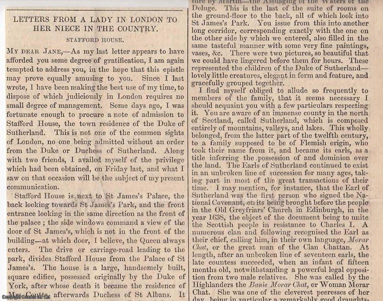 Item #360572 1843. Letters from a Lady in London to Her Niece in the Country; Stafford House. FEATURED in Chambers' Edinburgh Journal. A single article, extracted from an issue of the Chambers' Edinburgh Journal. LONDON LIFE.