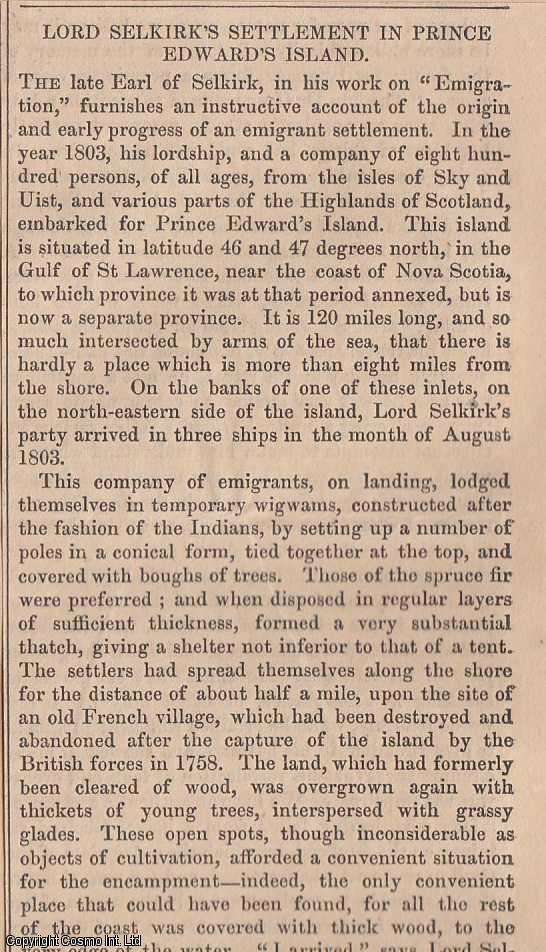 Item #360588 1843. Lord Selkirk's Settlement in Prince Edward's Island. FEATURED in...