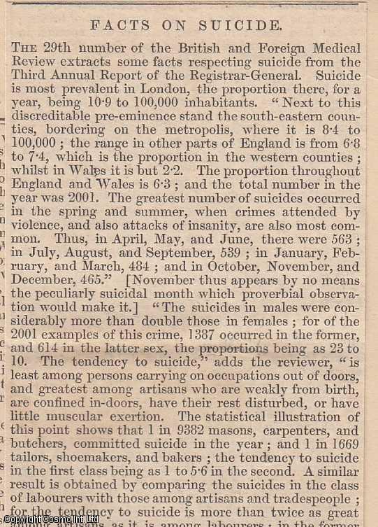 Item #360597 1843. Facts on Suicide. FEATURED in Chambers' Edinburgh Journal. A single article, extracted from an issue of the Chambers' Edinburgh Journal. SUICIDES.
