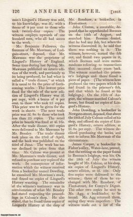 1823, Transportation for Stealing Books (an appropriate sentence). Thomas Beeman and John Cahuac were indicted for stealing 106 books, the property of Benjamin Bensley. An original article from The Annual Register for 1823.
