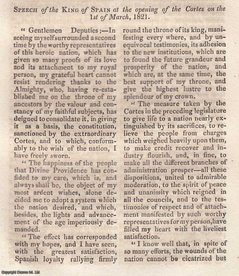 Item #360837 1821, Speech of the King of Spain at the opening of the Cortes on the 1st of March. An original article from The Annual Register for 1821. Annual Register.