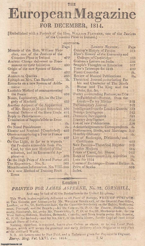 Item #360863 1814, The European Magazine for December. With a portrait of William Fletcher, Justice of the Common Pleas in Ireland. An original Monthly part. London Magazine.