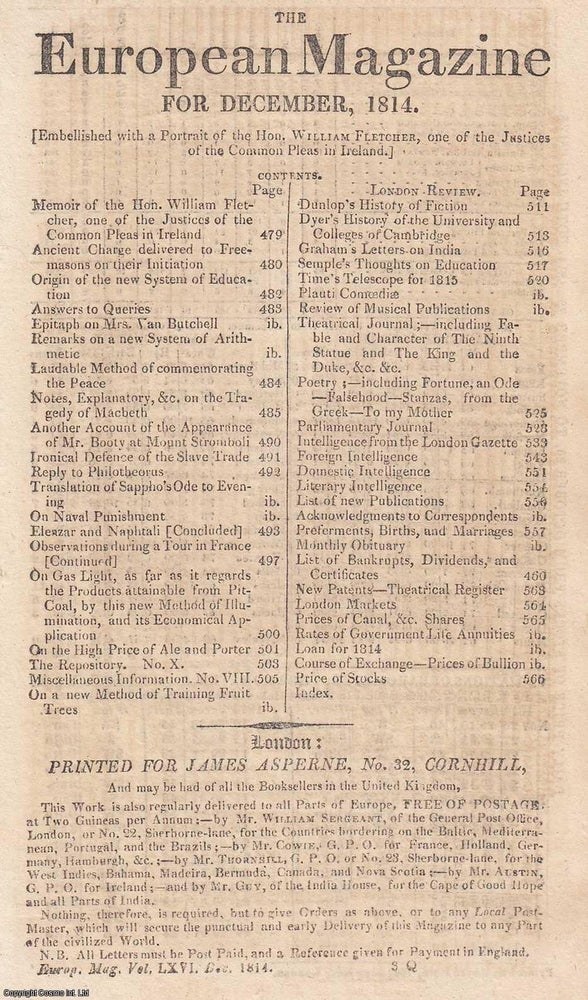 Item #360863 1814, The European Magazine for December. With a portrait of William Fletcher,...