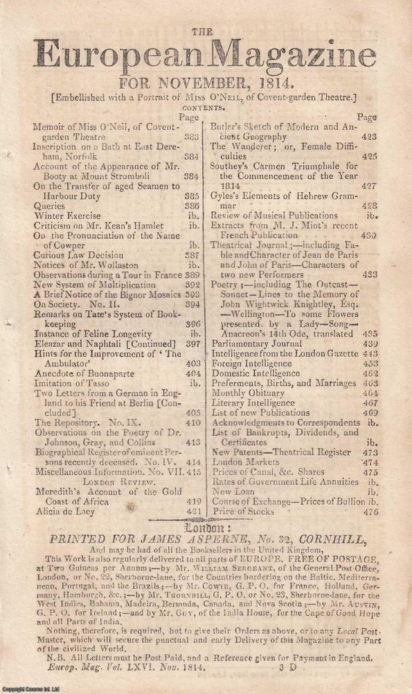 Item #360864 1814, The European Magazine for November. With a portrait of Miss O'Neill,...