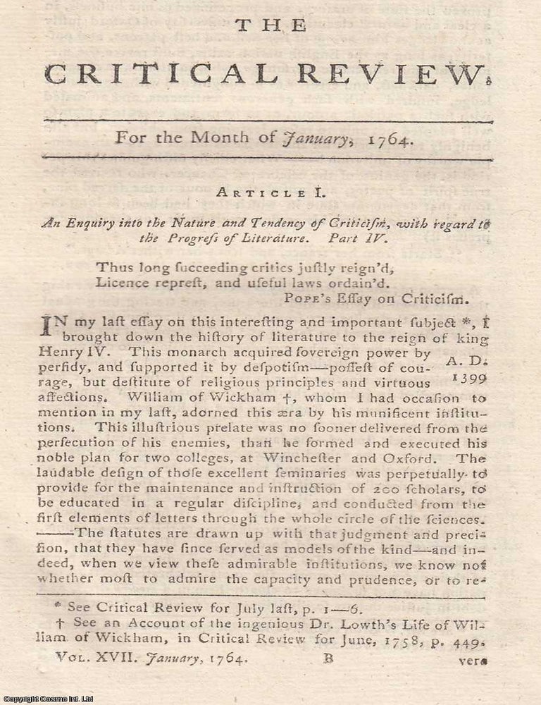 Item #360869 An Enquiry into The Nature & Tendency of Criticism, with regard to The Progress...