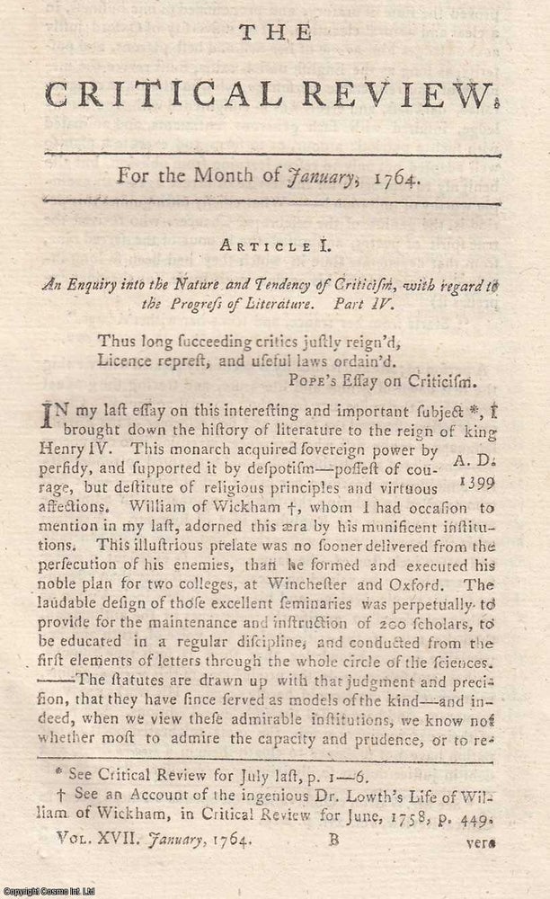 Item #360869 An Enquiry into The Nature & Tendency of Criticism, with regard to The Progress...