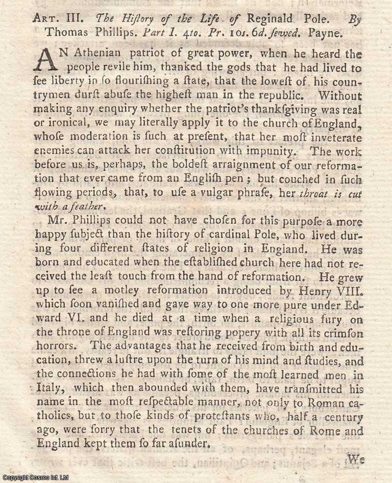 Item #360900 The History of The Life of Reginald Pole. This is an essay from The Critical Review, 1764, regarding this published work. The Critical Review.