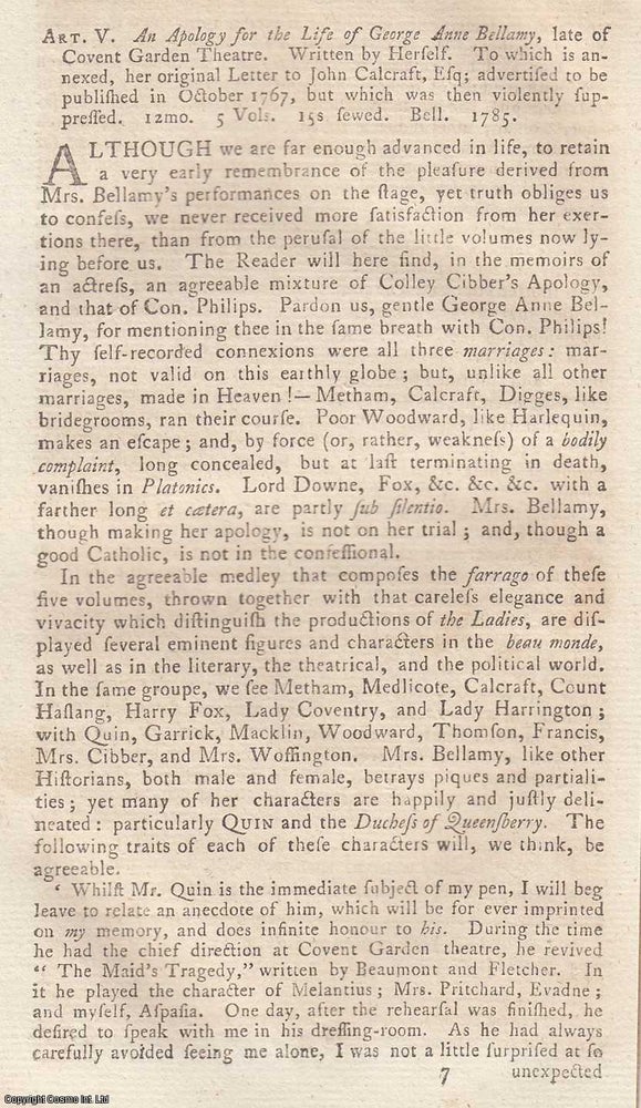 Item #360939 An Apology For The Life of George Anne Bellamy, Late of Covent Garden Theatre .Written by Herself. An original article from the Monthly Review, 1785. Author Not Stated.