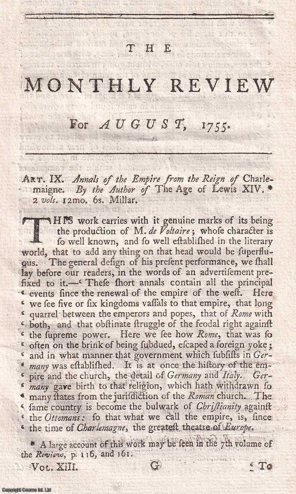 Item #360956 Annals of The Empire From The Reign of Charlemaigne, by Voltaire. An original article from the Monthly Review, 1755. Author Not Stated.