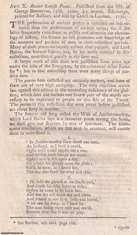 Item #360967 Ancient Scottish Poems. Published from the Manuscript of George Bannatyne, 1568. An original article from the Monthly Review, 1771. Author Not Stated.