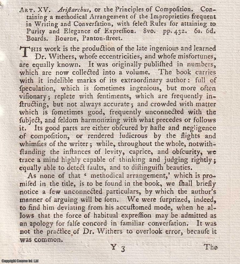 Item #360996 Aristarchus, or The Principles of Composition. Containing a Methodical Arrangement of The Improprieties Frequent in Writing and Conversation An original article from the Monthly Review 1791. Author Not Stated.