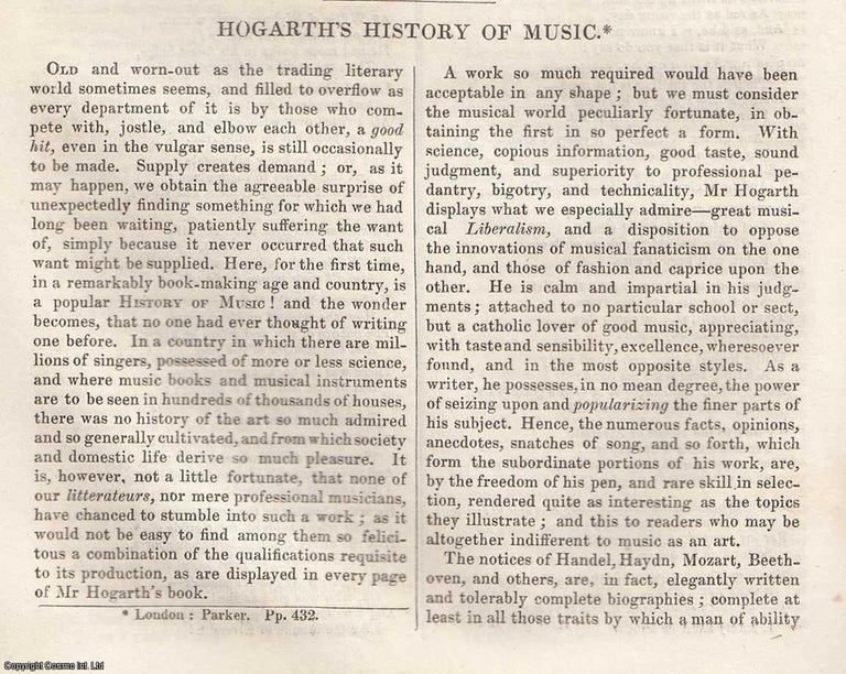 Item #361309 Hogarth's History of Music. 8 pages. An article printed in 1836, written by...