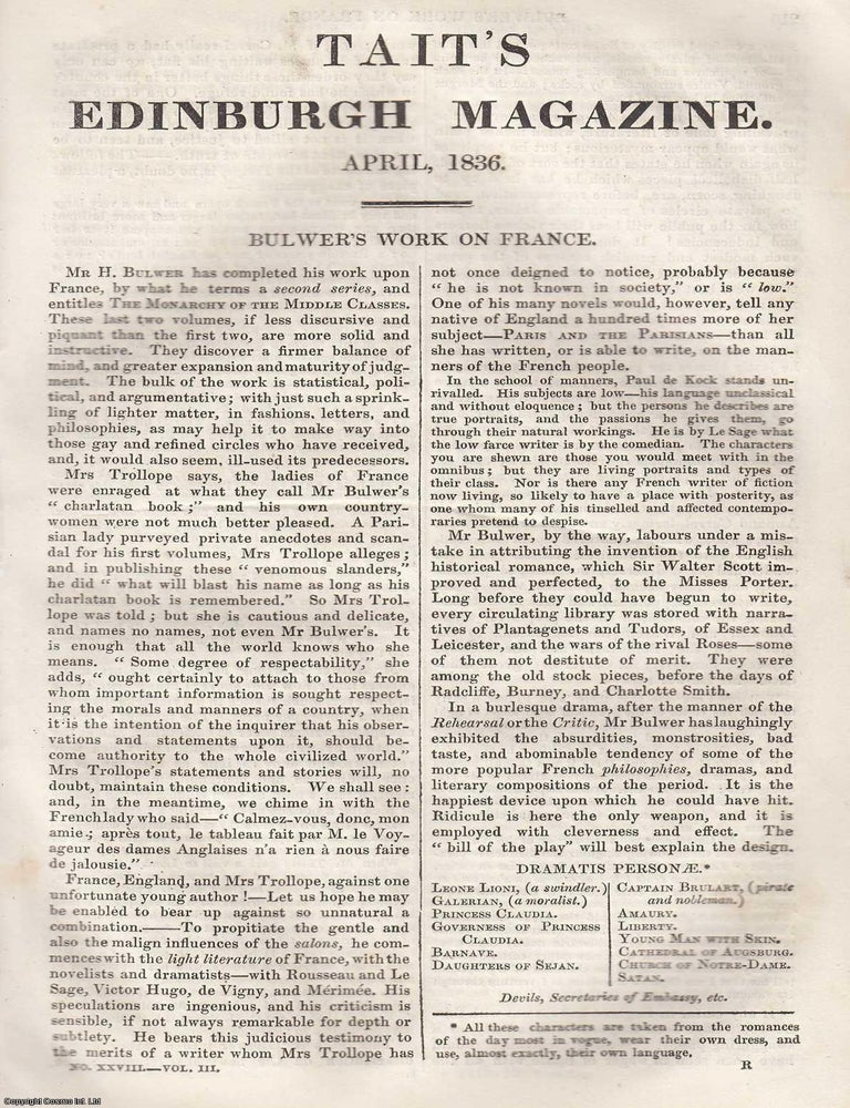 Item #361316 Bulwer's Work on France, The Monarchy of the Middle Classes. 14 pages. An...
