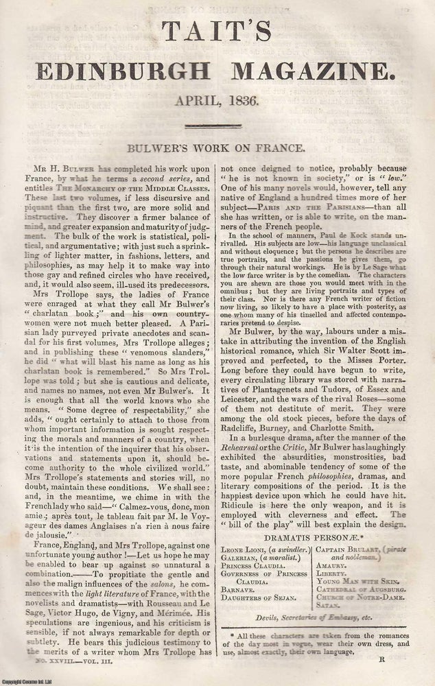 Item #361316 Bulwer's Work on France, The Monarchy of the Middle Classes. 14 pages. An...
