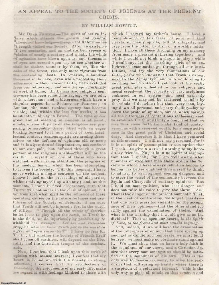 Item #361324 An Appeal to The Society of Friends at The Present Crisis. 5 pages. An article...