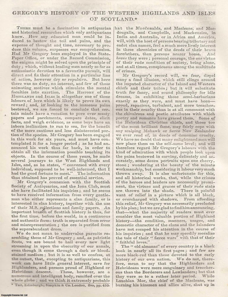 Item #361341 Gregory's History of The Western Highlands and Isles of Scotland. 16 pages. An...