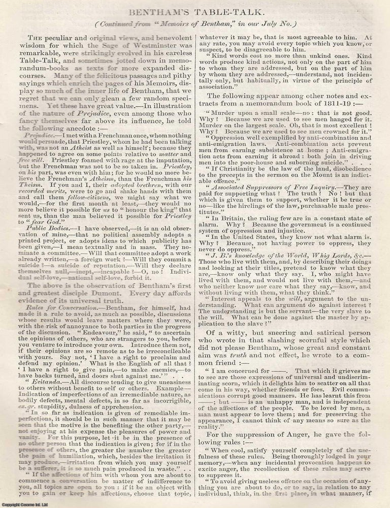 Item #361364 Bentham's Table Talk. Memoirs of Jeremy Bentham (Part 2 concluded). 4 pages. An...