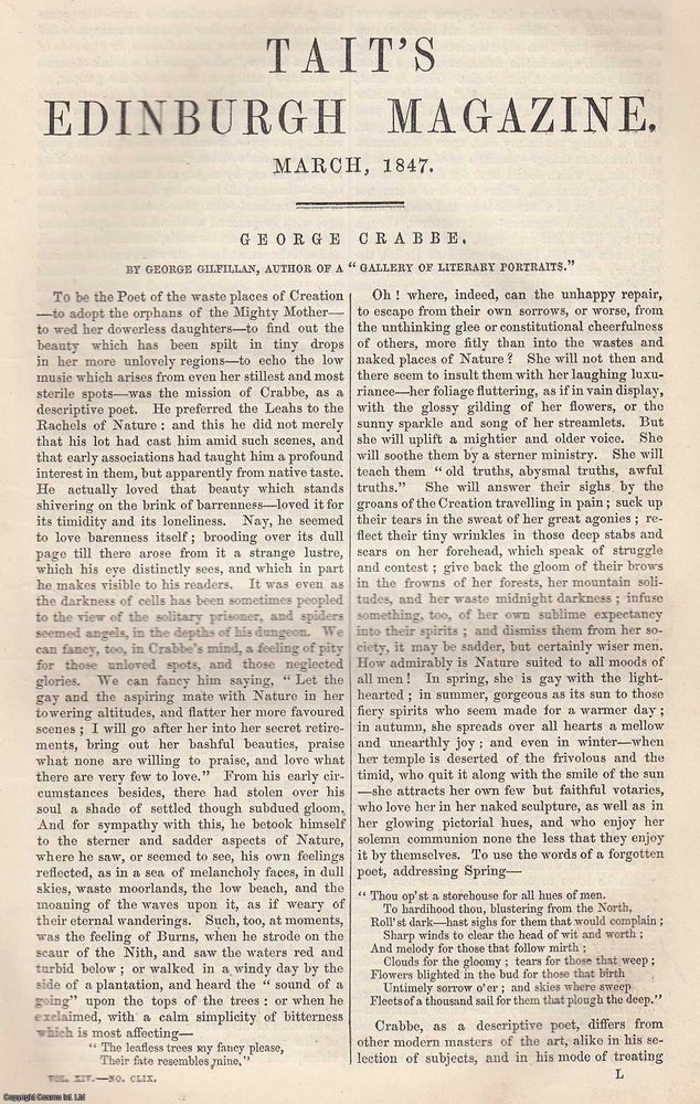 Item #361423 George Crabbe, English poet, surgeon and clergyman. 7 pages. An article printed in...