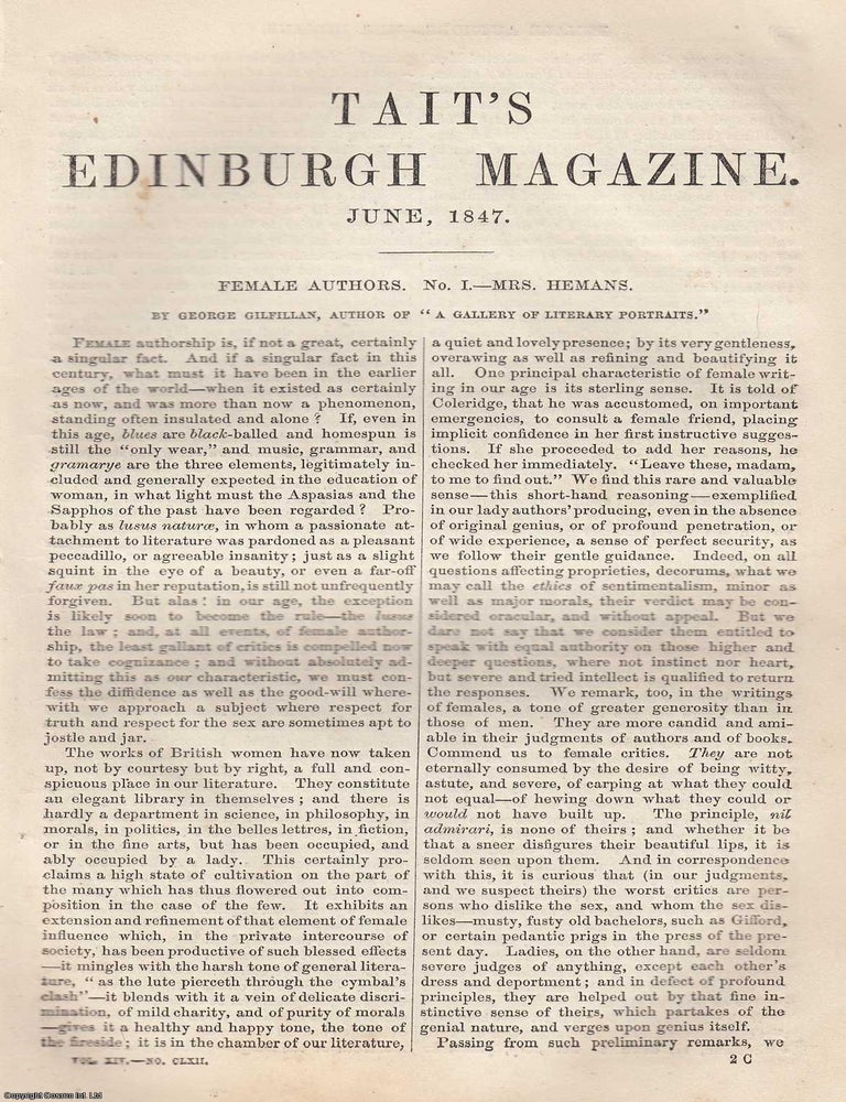 Item #361434 Felicia Dorothea Hemans, English poet. 5 pages. An article printed in 1847, written...