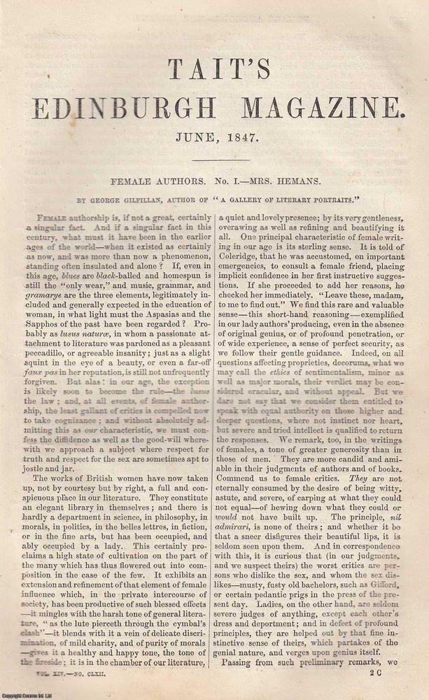 Item #361434 Felicia Dorothea Hemans, English poet. 5 pages. An article printed in 1847, written...
