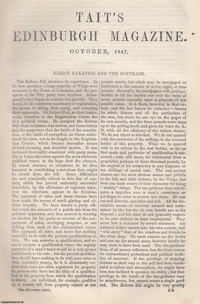 Item #361445 Direct Taxation and The Suffrage. 6 pages. An article printed in 1847, written by...