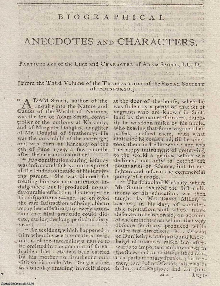 Item #361453 Particulars of the Life and Character of Adam Smith, LL.D. An original article from...
