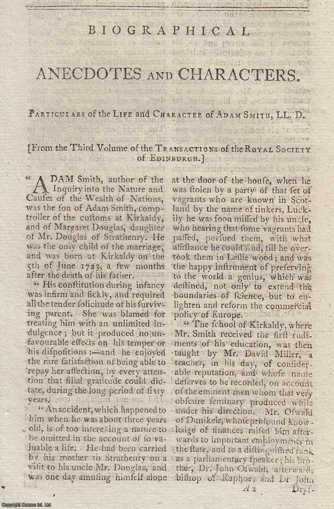 Item #361453 Particulars of the Life and Character of Adam Smith, LL.D. An original article from...