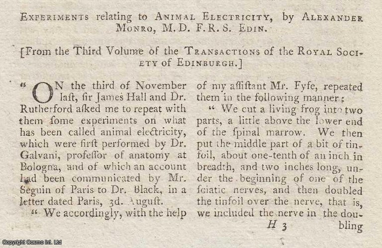 Item #361460 Experiments relating to Animal Electricity, by Alexander Monro, M.D., F.R.S. Edin. An original article from The New Annual Register for 1794. New Annual Register.