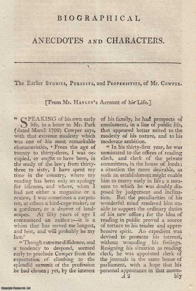 Item #361475 The Earlier Studies, Pursuits, and Propensities, of William Cowper. An original article from The New Annual Register for 1803. New Annual Register.