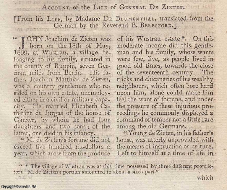 Item #361476 The Life of General De Zieten. An original article from the Annual Register for 1804. Annual Register.