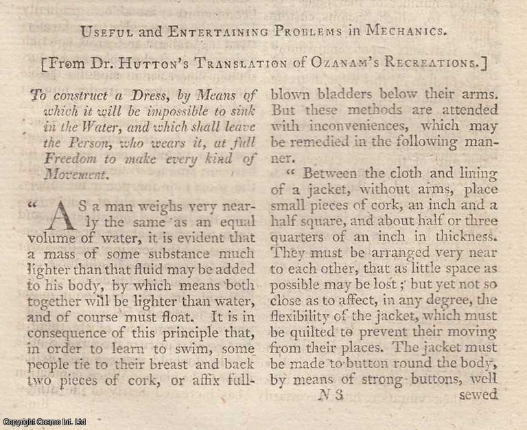 Item #361483 A Dress by Means of which it will be impossible to sink in Water; How to Raise a Sunken Vessel. An original article from The New Annual Register for 1803. New Annual Register.