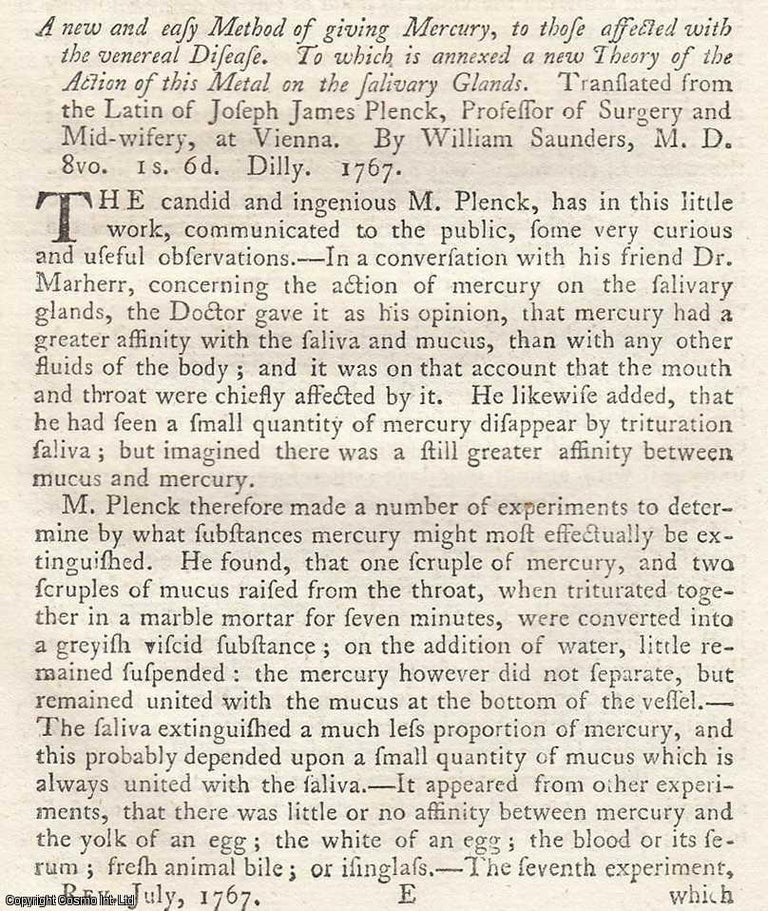 Item #361583 A New and Easy Method of giving Mercury, to those Affected with The Venereal...