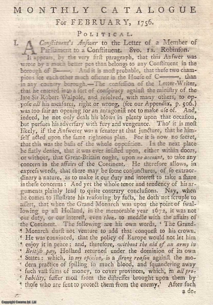 Item #361659 A Constituent's Answer to the Letter of a Member of Parliament to a...