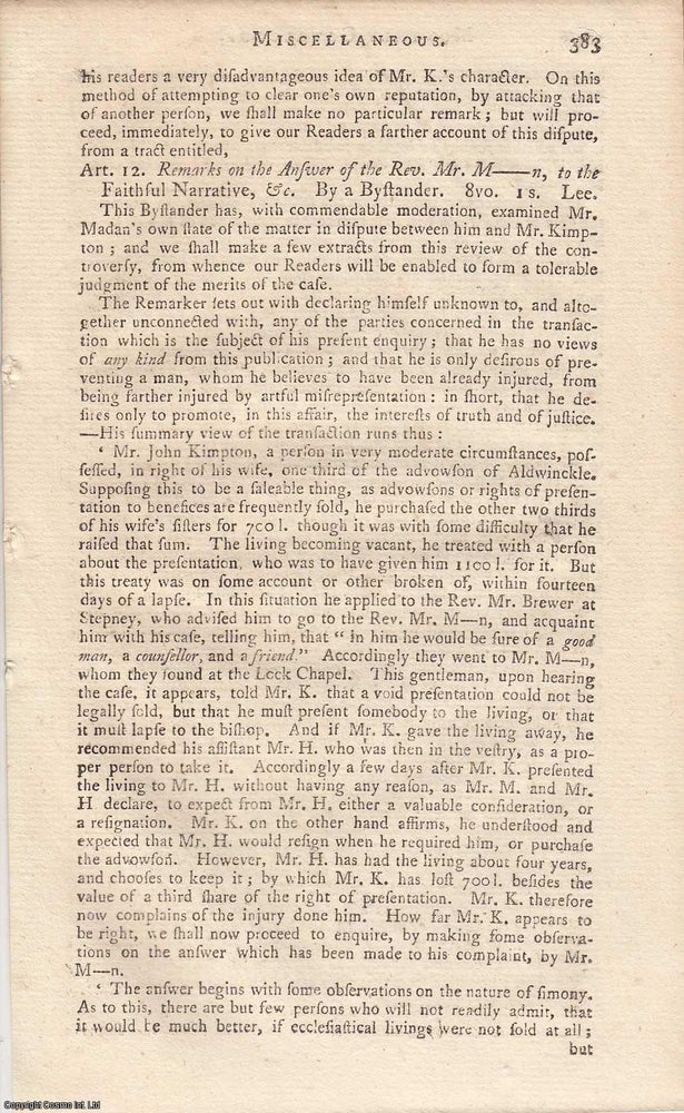 Item #361675 Aldwincle, Northamptonshire: Remarks on the Answer of the Rev. Mr Madan, to the...