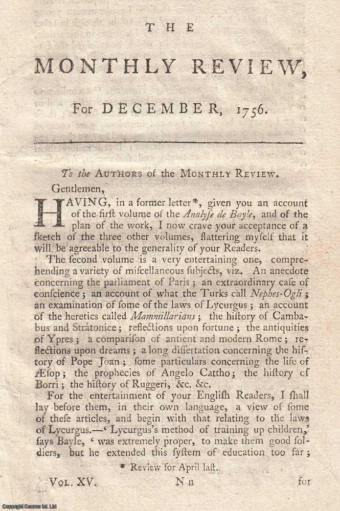 Item #361707 Analyse de Bayle. 1756. A CRITICAL ANALYSIS OF BAYLE