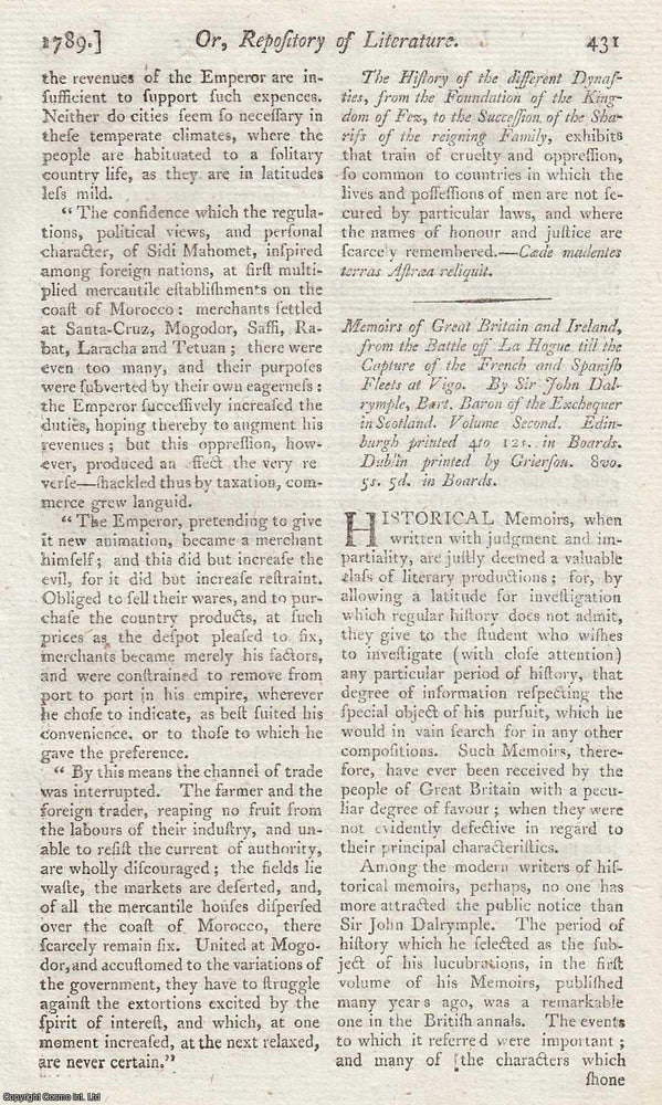 Item #361841 Memoirs of Great Britain and Ireland, by Sir John Dalrymple. An original review...