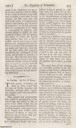 Item #361849 On Duelling, by Dr E. Barry. An original article from the Universal Magazine, 1791....